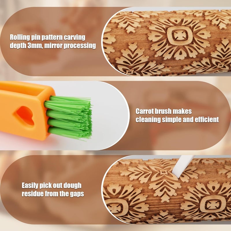 XINBADA 17" Premium Wooden Rolling Pins for Baking with European Embossed Designs | 3mm Deep Springerle Cookie Molds | Christmas Rolling Pin & Baking Gifts for Women | Includes 3-in-1 Cleaning Brush - Image 4